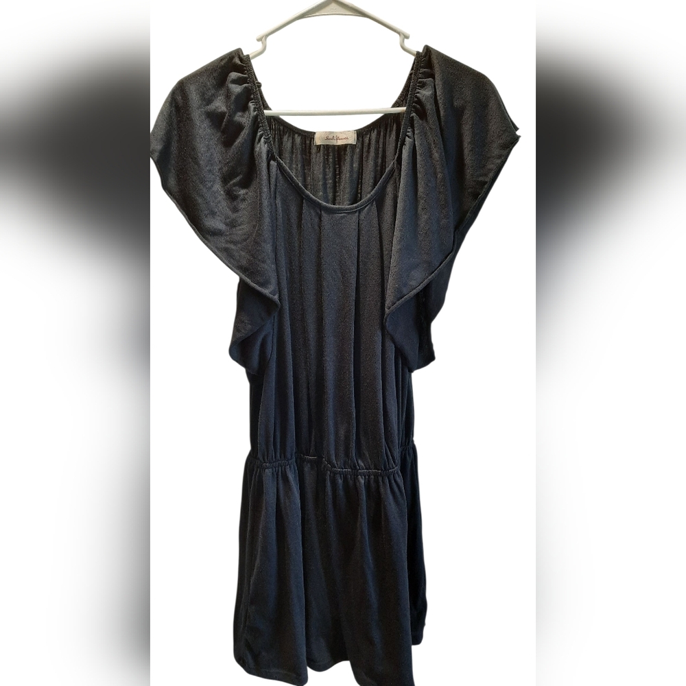 Sushi flower Dress Womans Large Navy Blue Mini Flutter Sleeve Stretch Party